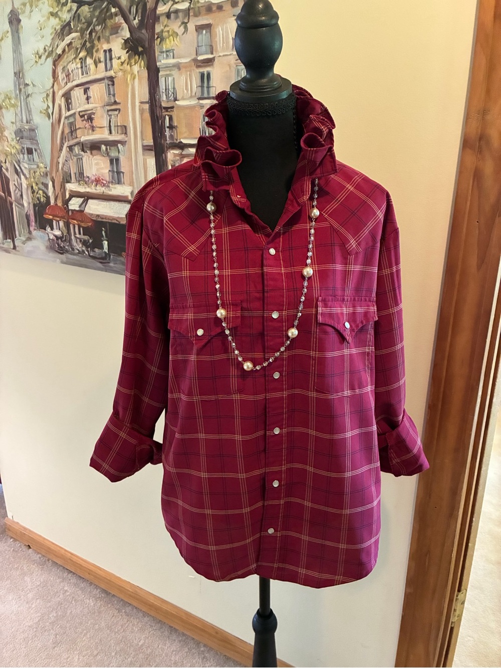 Women's Burgundy Plaid Button-Down Shirt - Tie Front - Picture 2 of 7